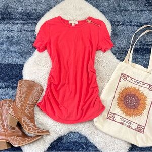 Michale Kors coral red shortsleeved shirt dress with gold zipper accent